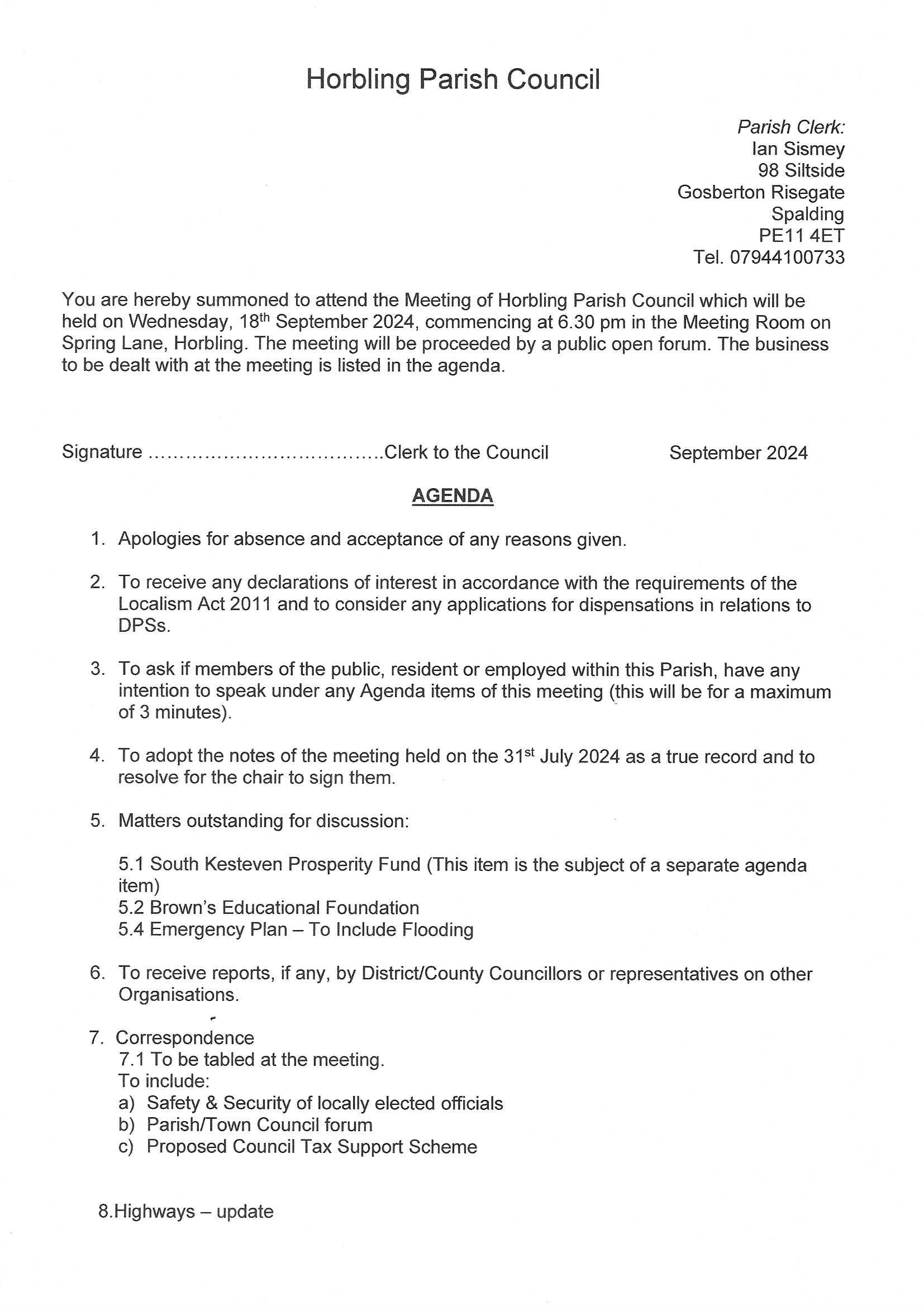 Parish Meeting 18/09/2024 at 6:30pm